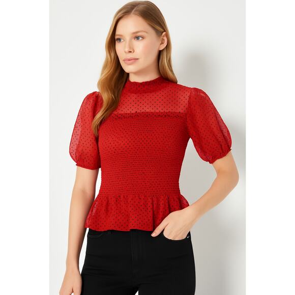 Express Smocked Peplum Polka Dot Blouse Top Size L Red Puff Sleeve Rockabilly - Picture 2 of 12